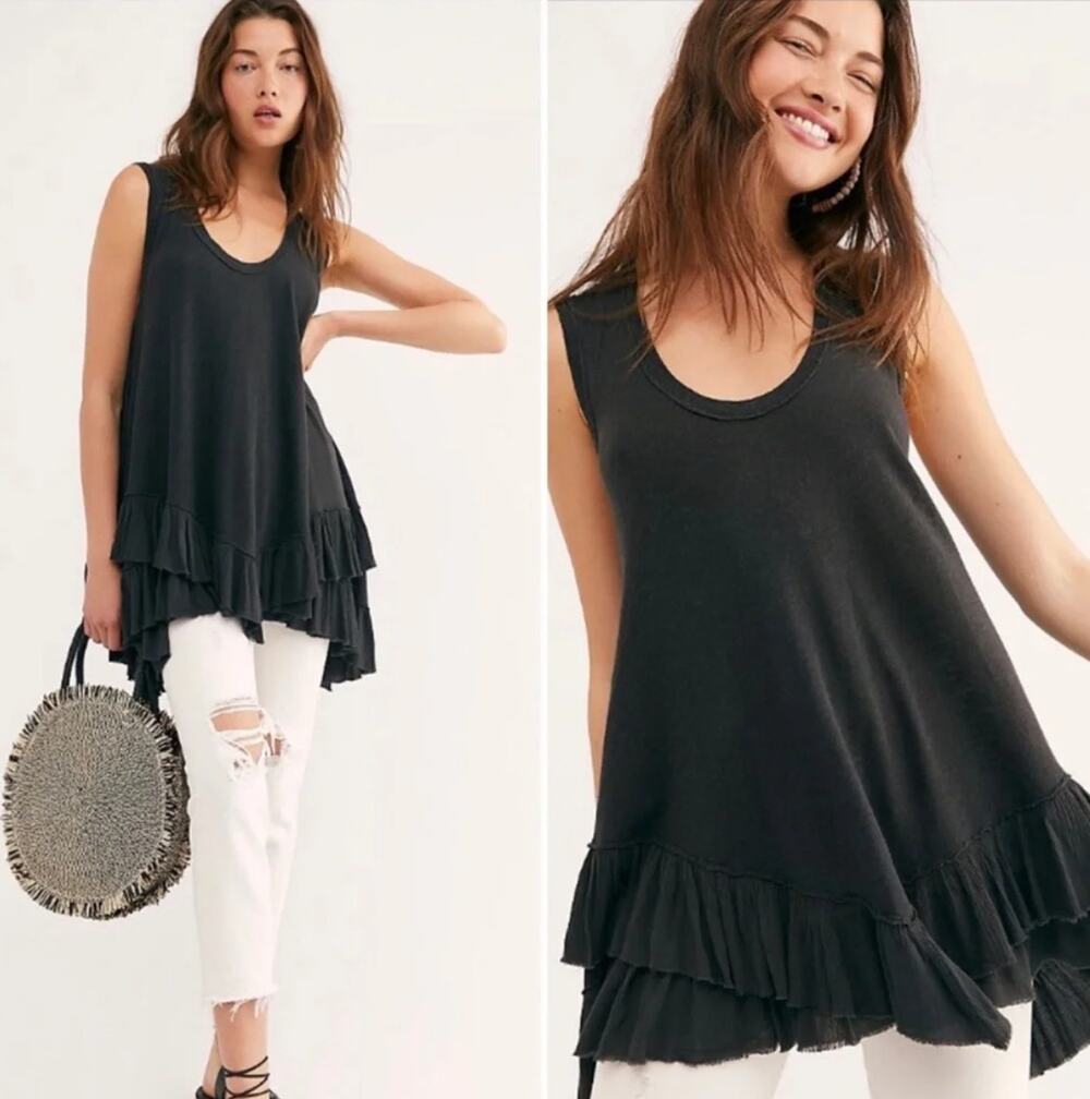 Free People We The Free SHIMMY SASHA Ruffle Tank Top Tunic in Washed Black S